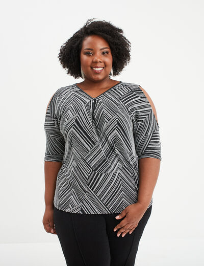 T-shirt col V avec ouvertures épaules noir femme grande taille