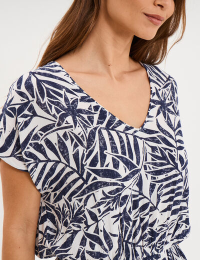 Robe caftant courte col en V ecru femme