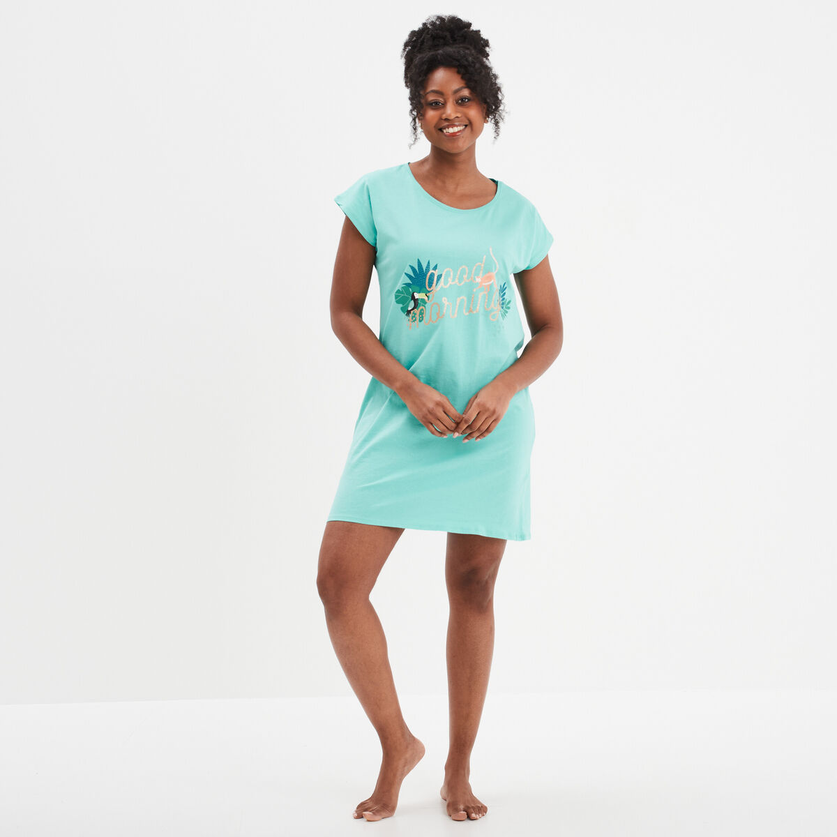 Chemise de nuit manches courtes coton bleu turquoise femme
