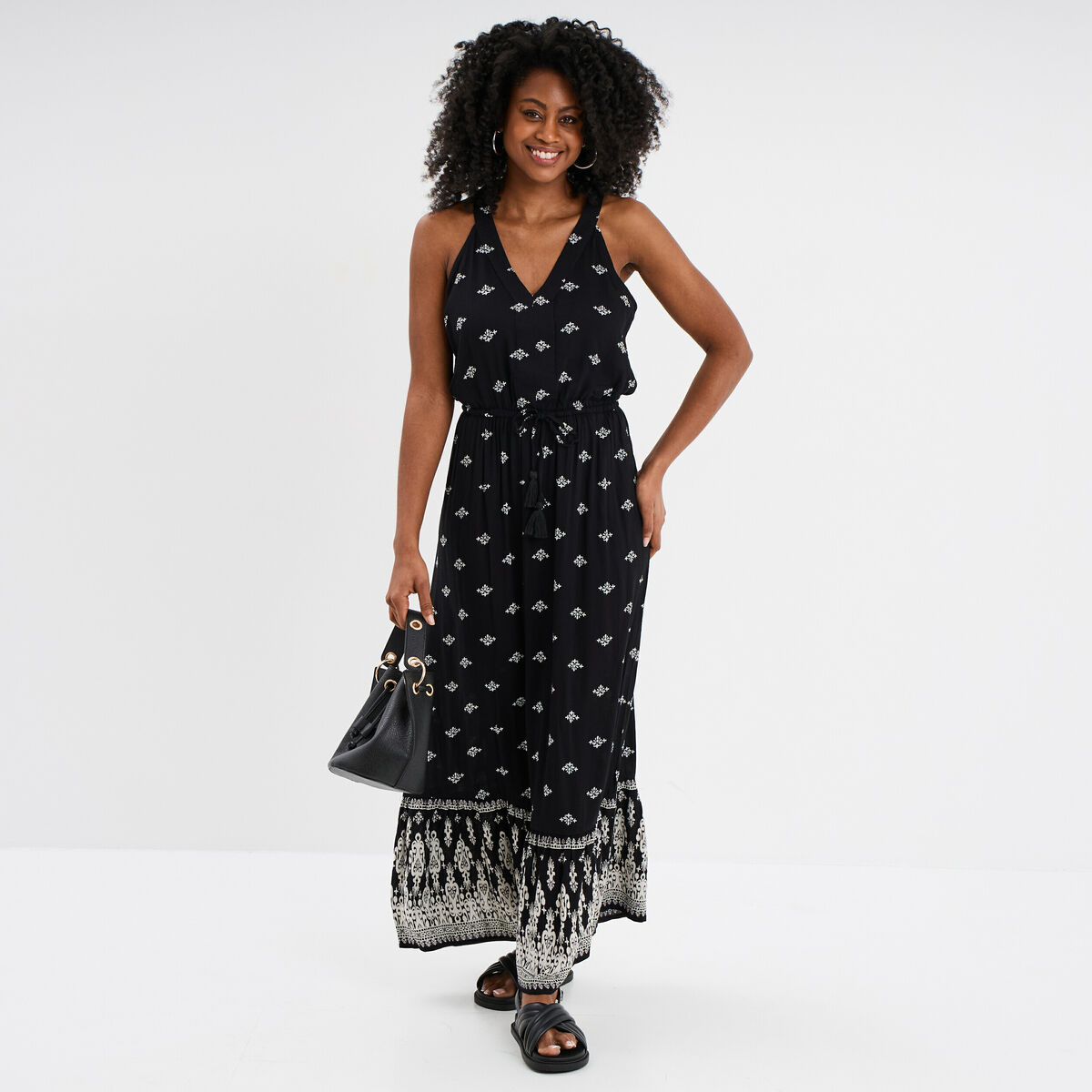 Robe midi évasée sans manches noir femme