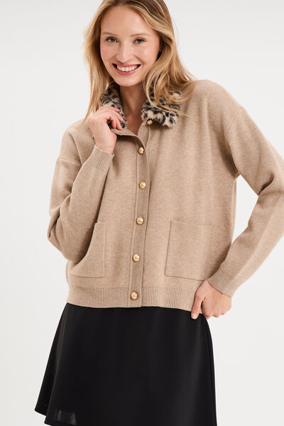 Gilet col fausse fourrure amovible ecru femme