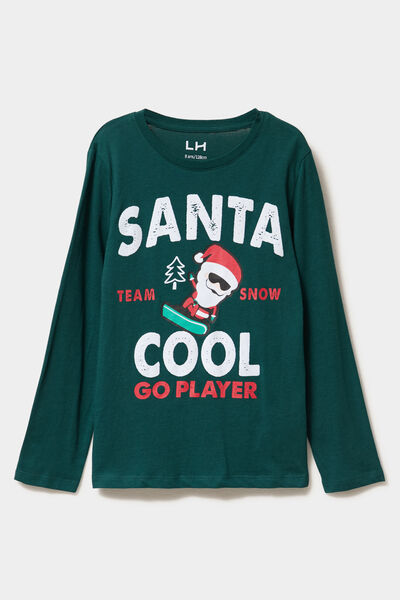 T-shirt de No&euml;l manches longues coton vert fonc&eacute; gar&ccedil;on