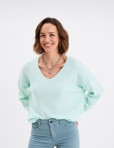 Pull col en V manches longues bleu turquoise femme