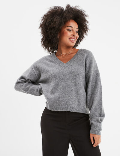 Pull col en V manches ballons gris femme
