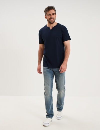 T-shirt manches courtes col tunisien bleu marine homme