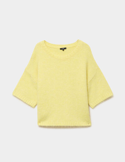 Pull col rond manches courtes jaune clair femme