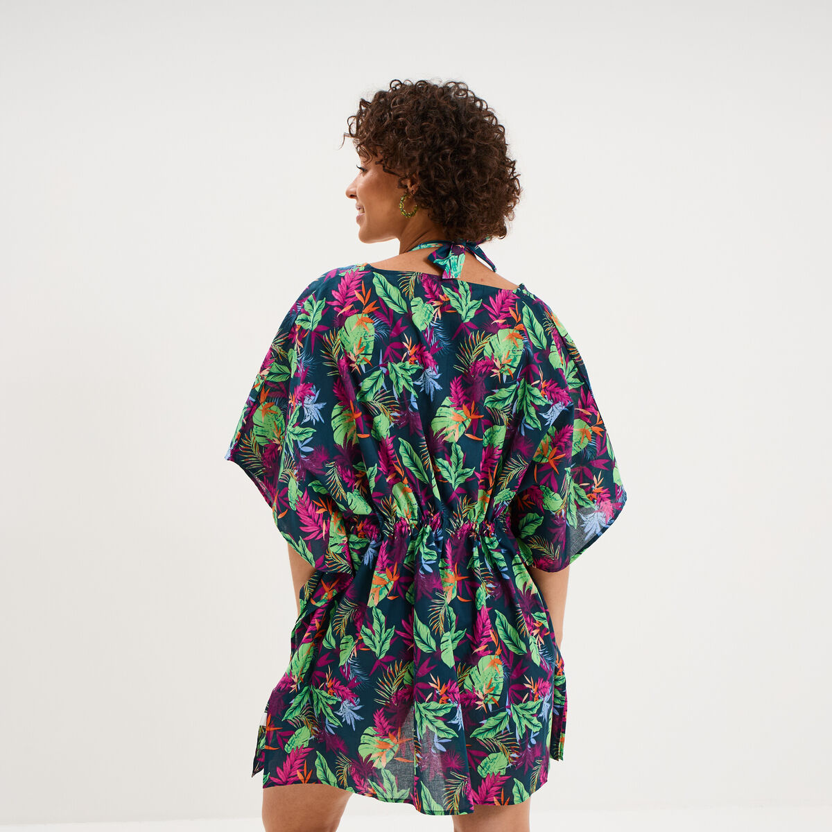 Robe de plage en coton col V bleu p&eacute;trole femme