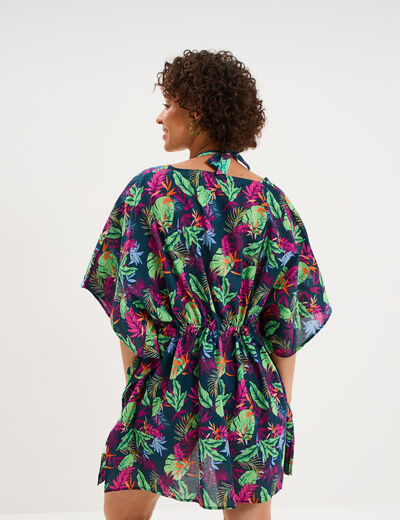Robe de plage en coton col V bleu p&eacute;trole femme
