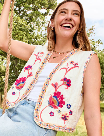 Veste brod&eacute;e sans manches coton creme femme