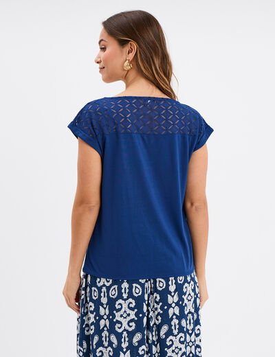 T-shirt col en V dentelle épaules et dos bleu marine femme