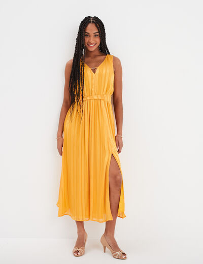 Robe longue fluide col détail bijou jaune foncé femme