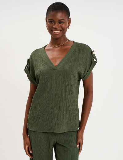 T-shirt col en V et pattes &eacute;paules vert kaki femme