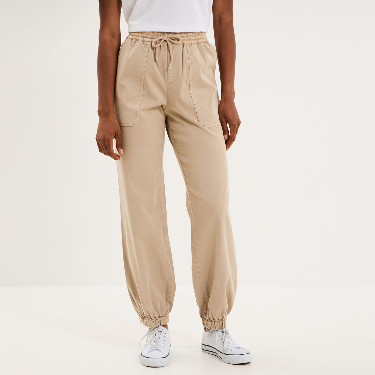 Pantalon cargo droit cropped lyocell beige femme