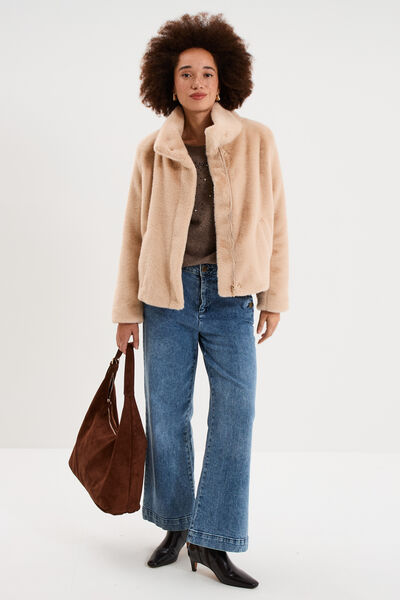 Veste fausse fourrure col montant beige femme