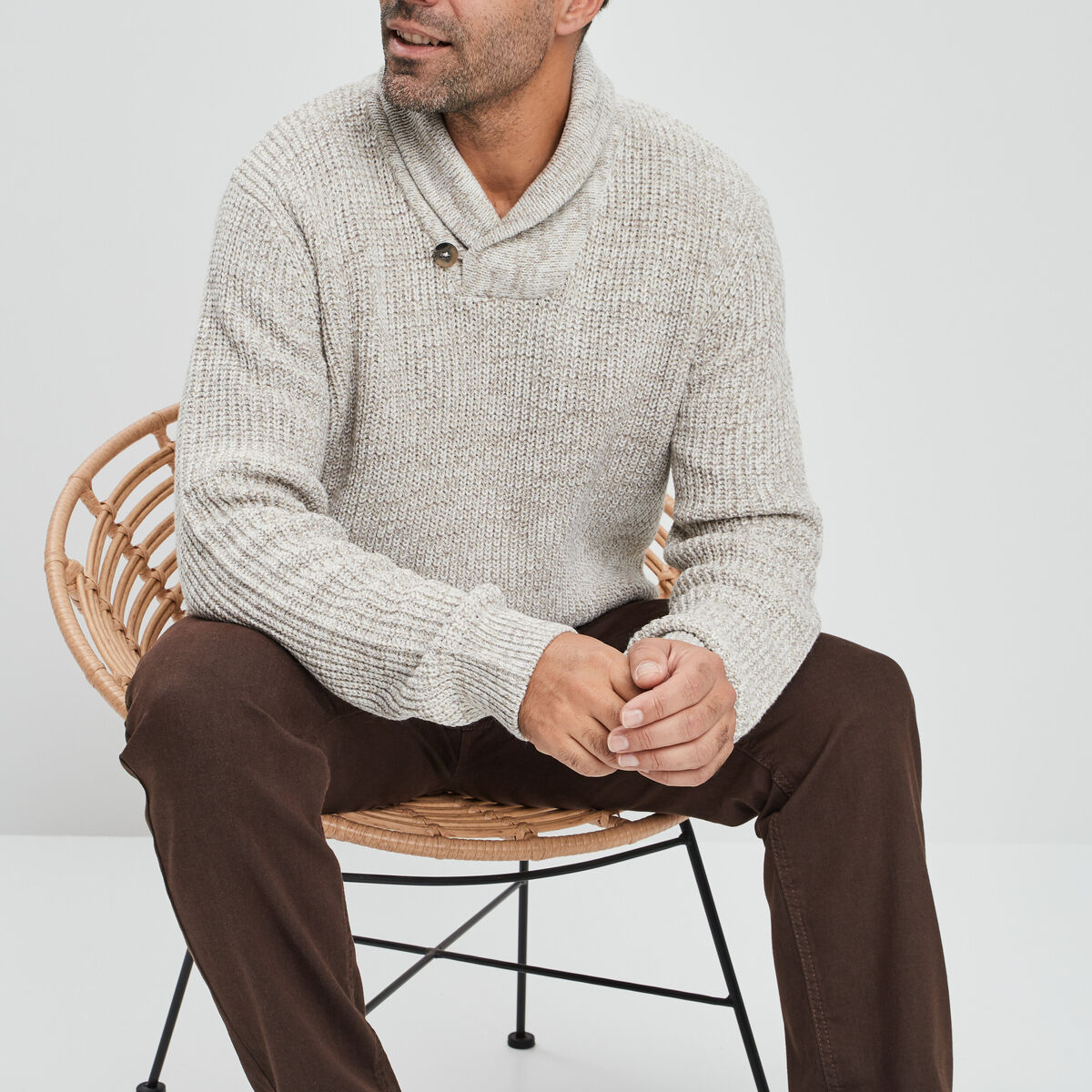 Pull col châle manches longues ivoire homme