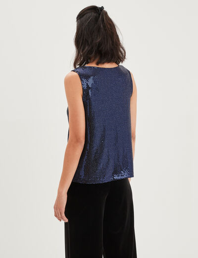 T-shirt col bénitier à strass bleu femme