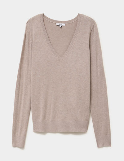 Pull col en V manches longues beige femme