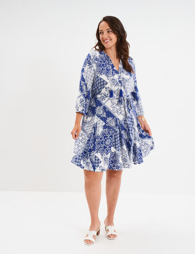 Robe fluide évasée col tunisien bleu femme grande taille