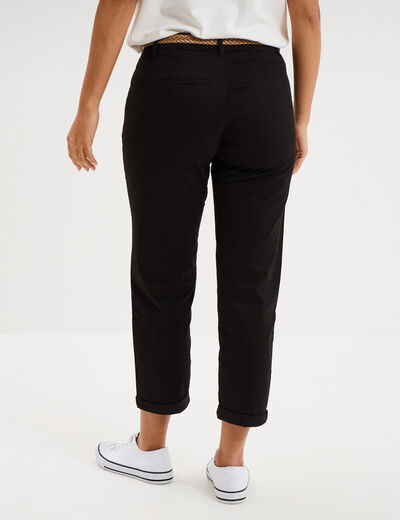 Pantalon chino 7/8&egrave;me ceinture tress&eacute;e noir femme