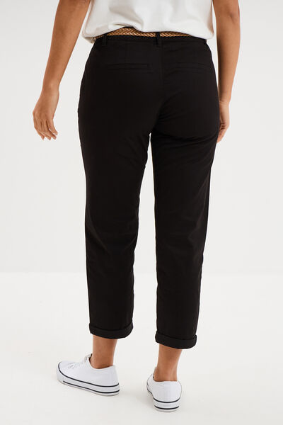 Pantalon chino 7/8&egrave;me ceinture tress&eacute;e noir femme