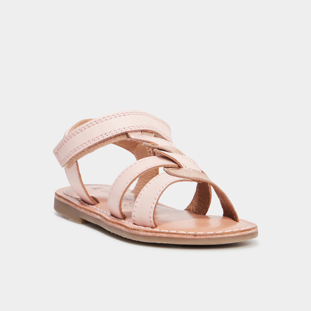 Sandales brides tress&eacute;es en cuir rose fille