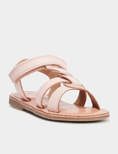 Sandales brides tress&eacute;es en cuir rose fille
