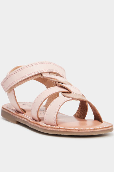 Sandales brides tress&eacute;es en cuir rose fille