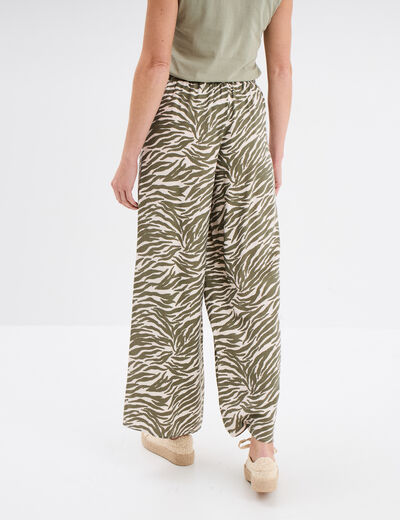 Pantalon large fluide taille élastiquée vert kaki femme