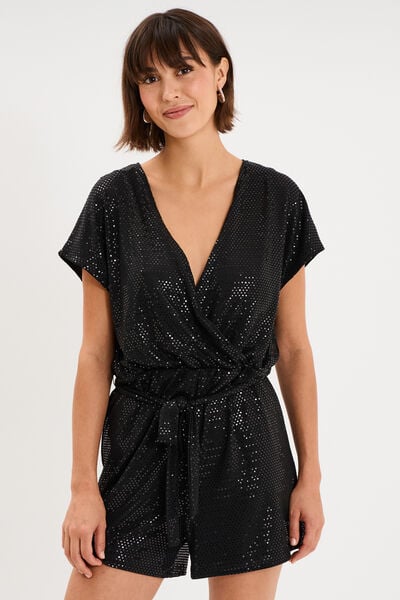 Combishort &agrave; paillettes manches courtes noir femme