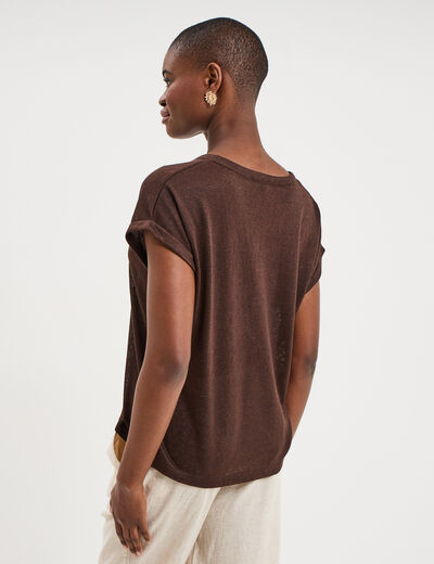 T-shirt col tunisien manches courtes marron fonc&eacute; femme