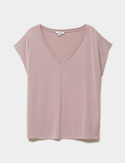 T-shirt col en V manches courtes marron clair femme
