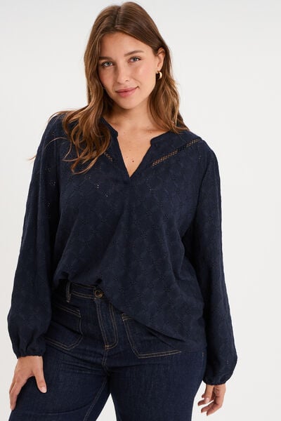 Blouse manches longues broderie anglaise bleu fonc&eacute; femme grande taille