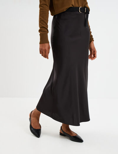 Jupe effet satin midi évasée noir femme
