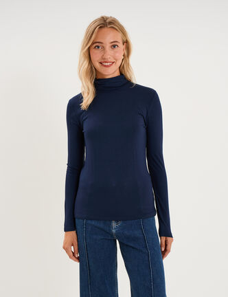 T-shirt manches longues col roul&eacute; bleu marine femme