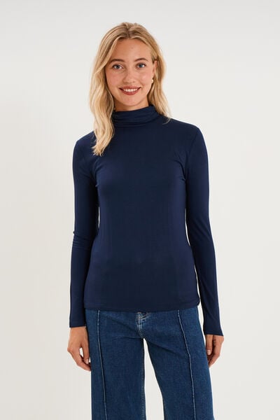 T-shirt manches longues col roul&eacute; bleu marine femme