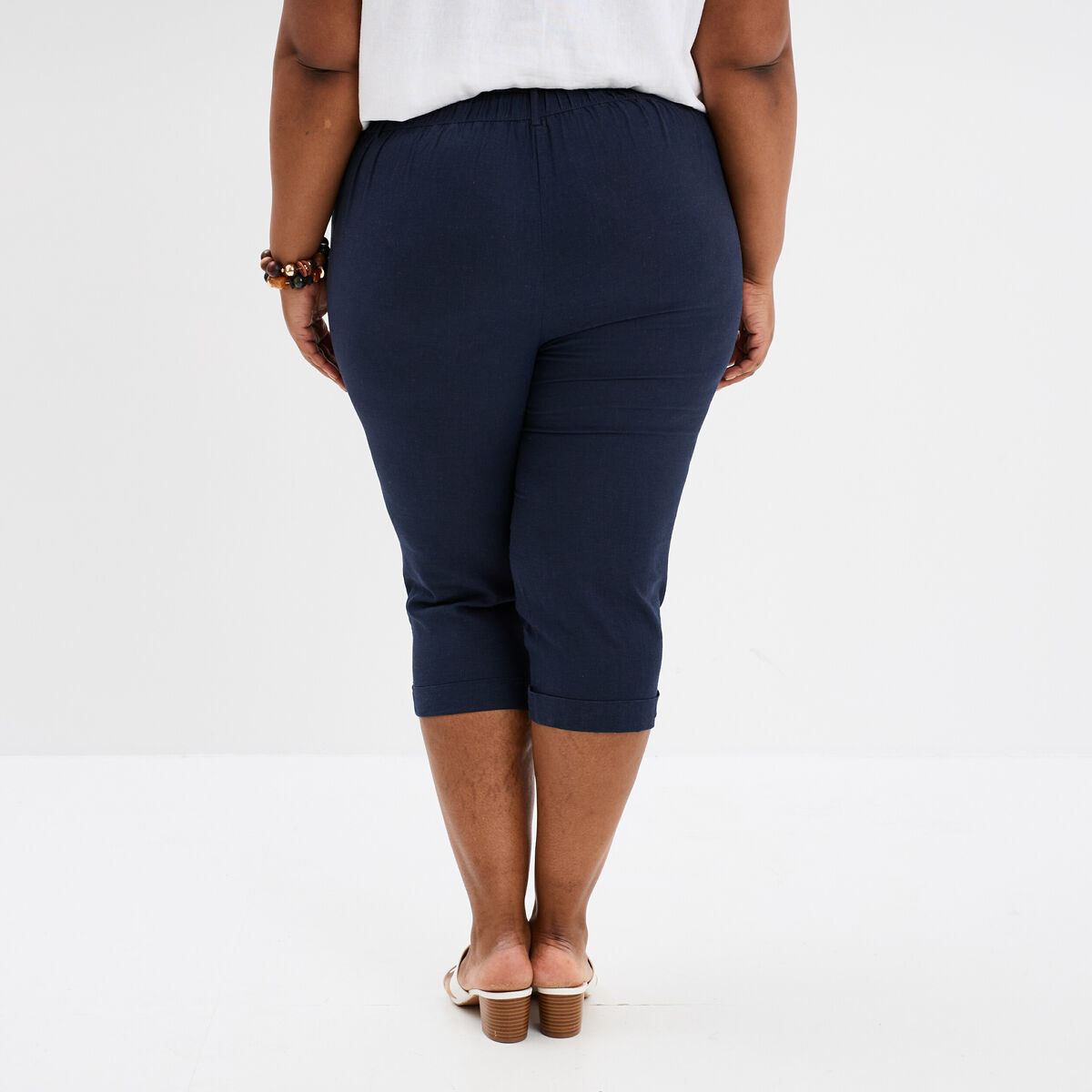 Pantacourt chino lin mélangé bleu foncé femme grande taille