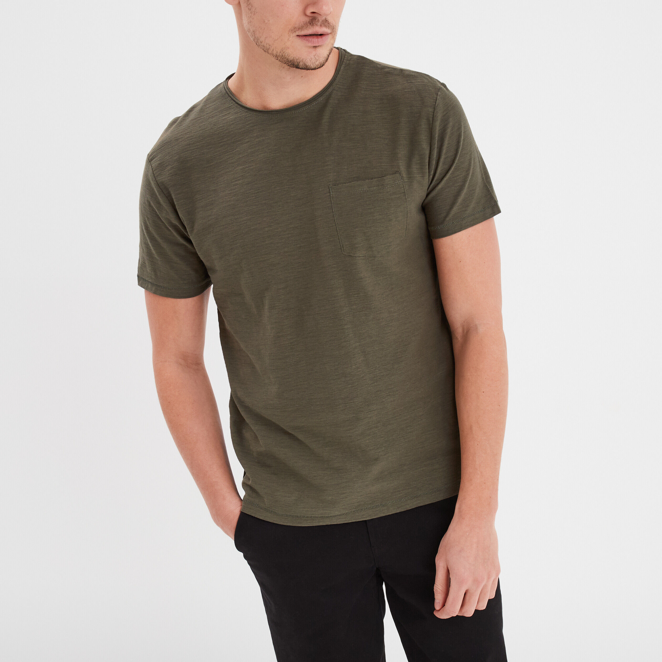 T-shirt coton col rond 1 poche Liberto vert kaki homme LIBERTO