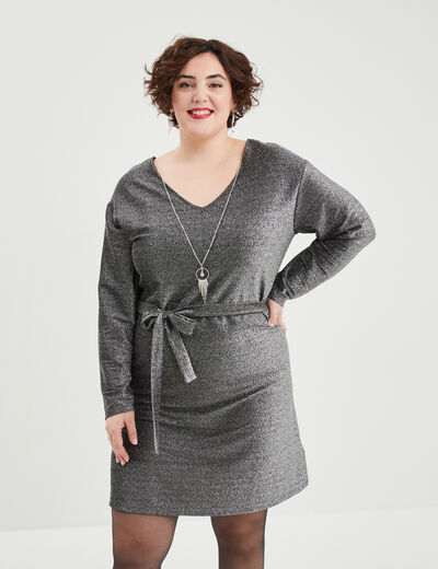 Robe bijou manches 3/4 chauves-souris gris argent femme grande taille