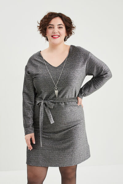 Robe bijou manches 3/4 chauves-souris gris argent femme grande taille