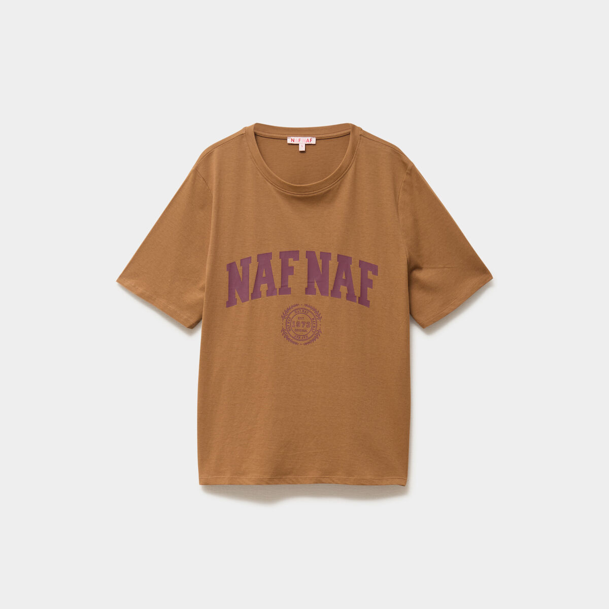 T-shirt col rond manches courtes print marron clair femme