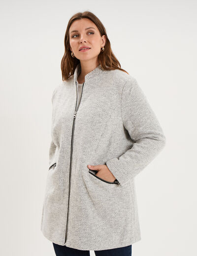 Manteau mi-long droit zipp&eacute; col mao gris clair femme grande taille