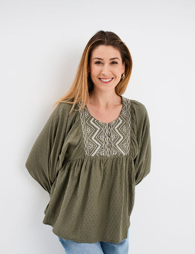 Blouse brodée manches ballons vert kaki femme