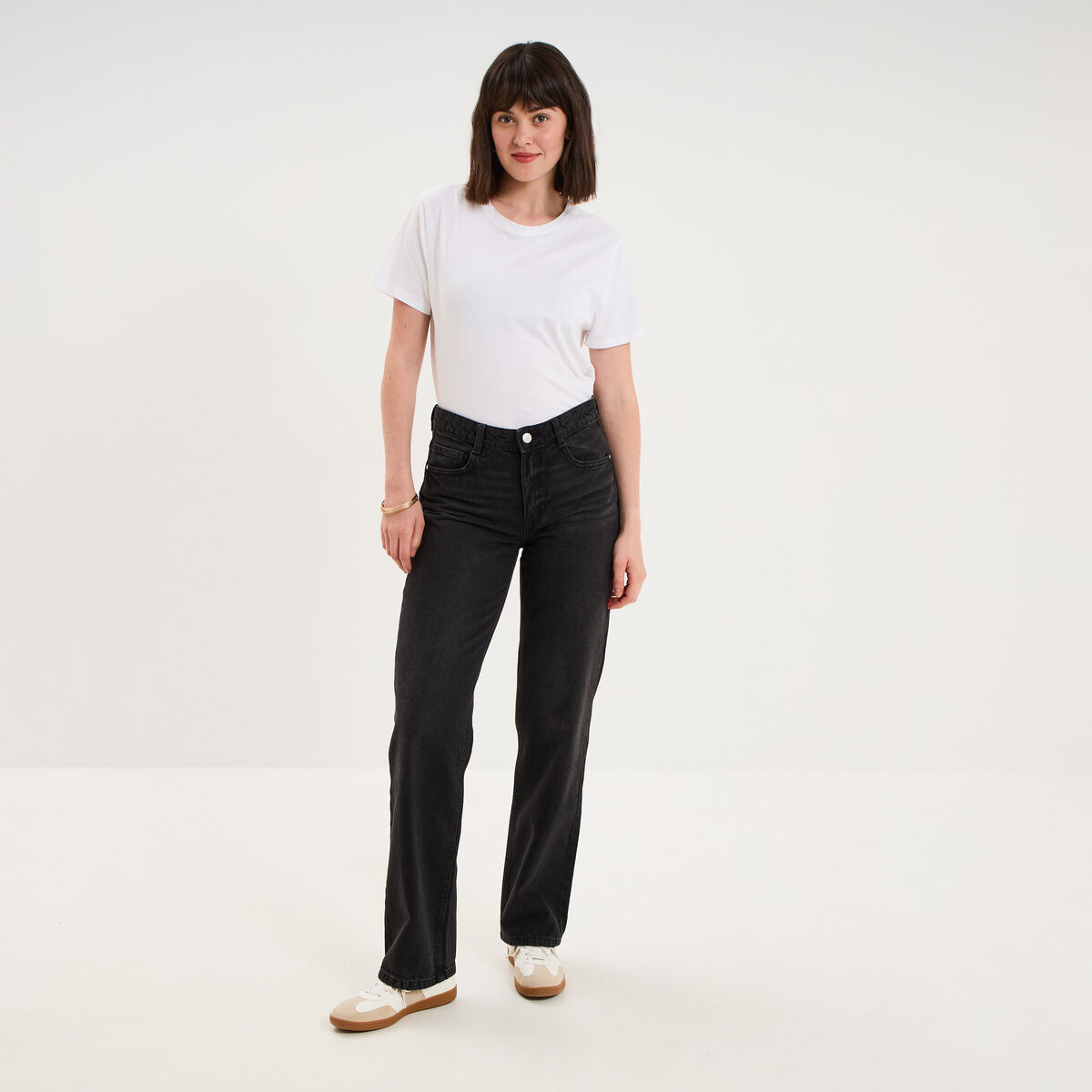 Jean droit taille basse coton denim noir femme