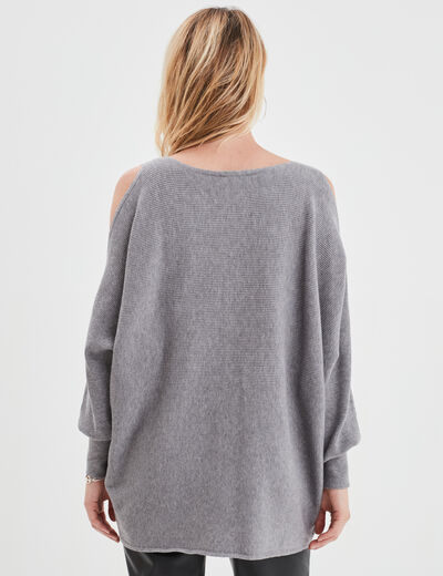 Pull perles et strass au col gris clair femme