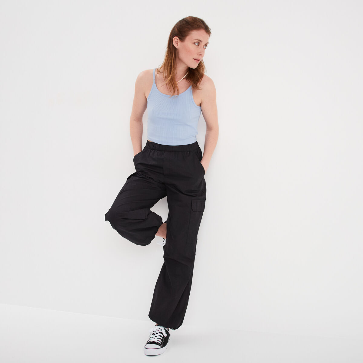 Débardeur cropped côtelé bleu clair femme