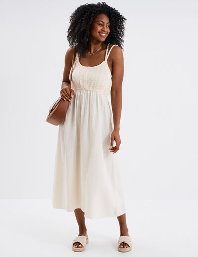 Robe midi buste macramé en gaze de coton creme femme