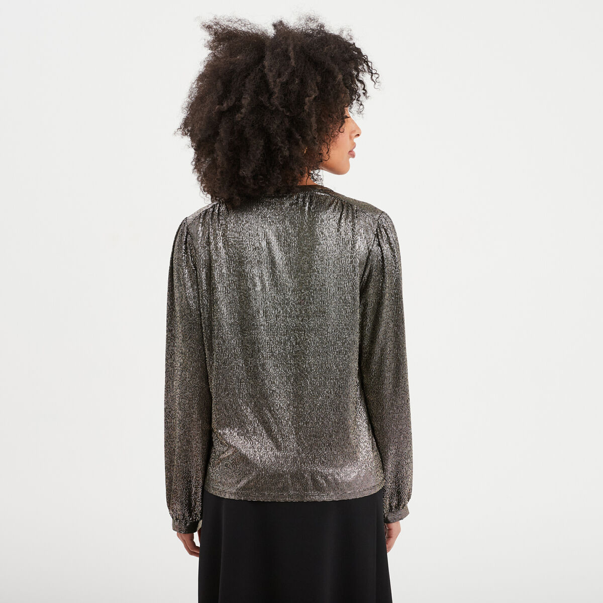 Blouse m&eacute;tallis&eacute;e manches longues jaune or femme