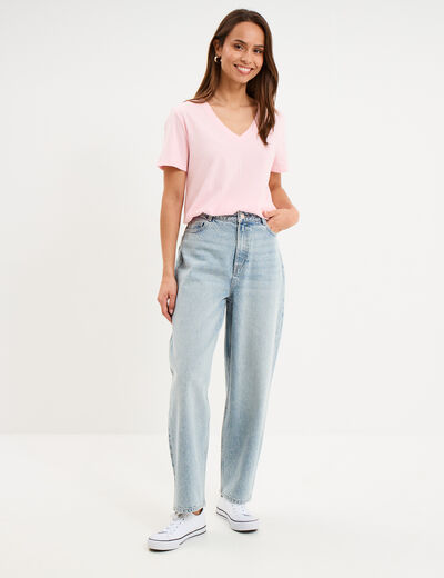 T-shirt manches courtes col en V coton rose clair femme