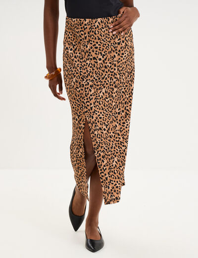 Jupe longue gaufr&eacute;e fluide beige femme