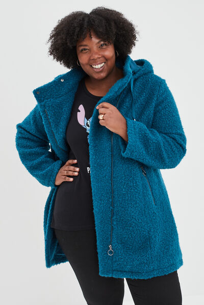 Manteau pilou bouclette à capuche bleu canard femme grande taille